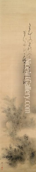 Darstellung Des Vollmonds Hinter Einem Bambushain Und Waka Gedicht: 'takamura No Minarenu Kata O Moru Tsuki Ni...' (wenn Ich Den Mond Sehe In Ungewohnter Richtung, Dann Wandern Meine Gedanken) Oil Painting - Okamoto Toyohiko