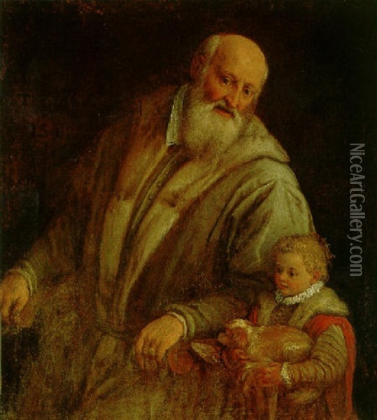 Portrait Of A Bearded Man, Seated In A Chair Beside A Little Girl Holding A Dog Oil Painting - Leandro da Ponte Bassano