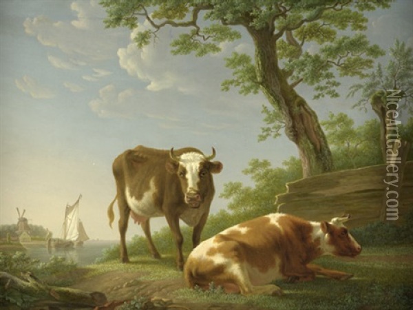 Stehendes Und Ruhendes Rind Bei Einem Baum Vor Einer Fluslandschaft Oil Painting - Pieter Gerardus Van Os