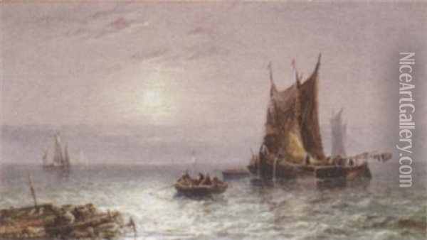 Barges Drying Their Sails At Dusk Oil Painting - Arthur Joseph Meadows