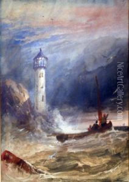 Fishing Boat By A Light House Oil Painting - Charles Bentley