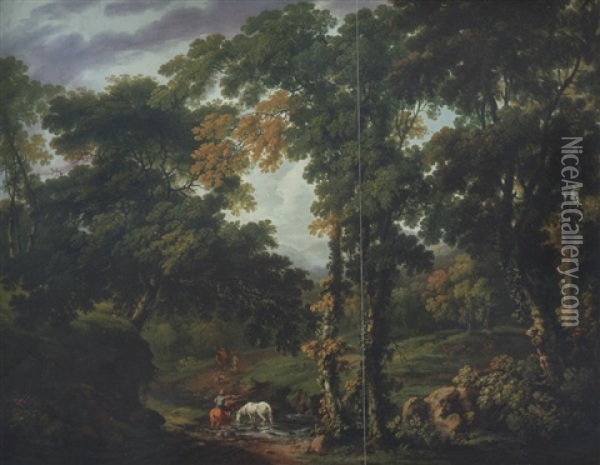 A Wooded River Landscape With Figures And Horses At A Ford And Fallow Deer In A Clearing Oil Painting - George Barret