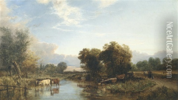 Cattle Watering In A River Landscape Oil Painting - George Shalders
