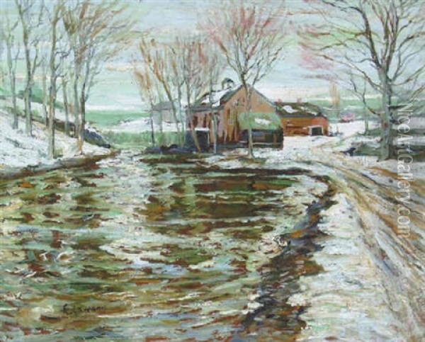 Mill On A Snowy River Oil Painting - Ernest Lawson