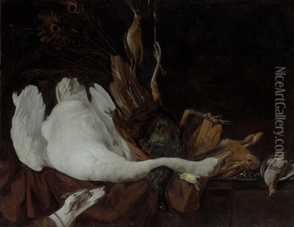 A Swan, A Peacock, A Hare, A Canary And Other Fowl On A Ledge Oil Painting - Elias Vonck