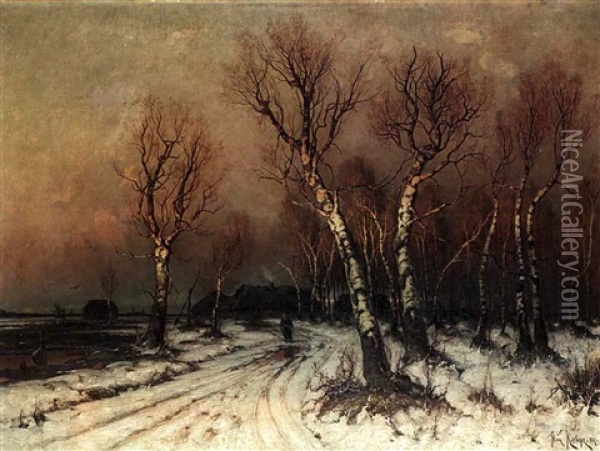 Winterlicher Sonnenuntergang Mit Bauerngehoft Oil Painting - Yuliy Yulevich (Julius) Klever