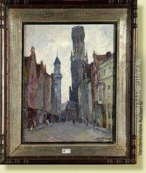 Rue De Bruges Animee Oil Painting - Mecislas De Rakowsky