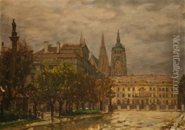 Prague Castle From Hradcanske Square Oil Painting - Jaro Prochazka