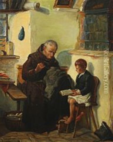 Reading Aloud To A Monk Oil Painting - Simony Jensen