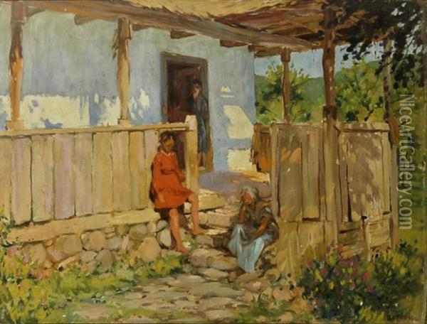 Compozitie Cu Casa De Tara Si Doua Personaje In Cerdac. Oil Painting - Mauriciu Barat