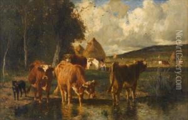 Cattle Watering Oil Painting - Emile van Marcke de Lummen