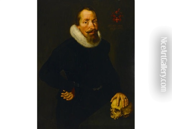 A Portrait Of A Gentleman, Three-quarter Length, Standing By A Table, His Left Hand Resting On A Skull Oil Painting - Samuel Hofmann