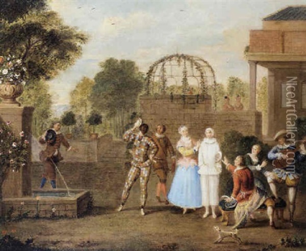 Scene De La Comedia Dell'arte Avec Arlequin Oil Painting - Francois Octavien