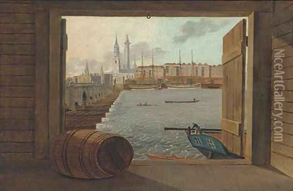 Trading brigs on the Thames before old London Bridge with the Monument beyond Oil Painting - Daniel Turner