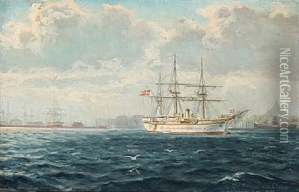 Harbour Scene From Copenahgen With The Royal Yacht Dannebrog Oil Painting - Christian Benjamin Olsen