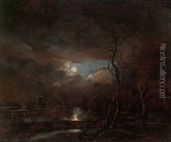 A Moonlit River Landscape, A Village Beyond Oil Painting - Aert van der Neer