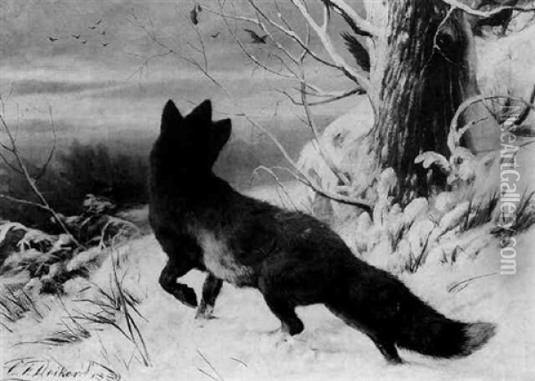 Fox In The Snow Oil Painting - Carl Friedrich Deiker