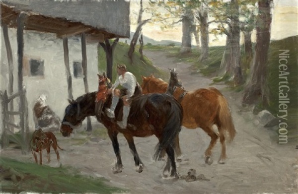 Reitender Bauer Vor Gehoft Oil Painting - Julius von Blaas