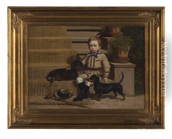 Young Master With His Two Dachshunds Oil Painting - Carl Henrik Bogh