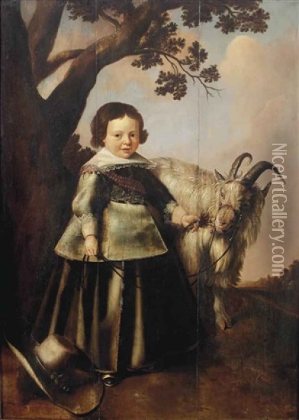 Portrait Of A Young Boy With A Goat, Standing In A Landscape Oil Painting - Gerrit Pietersz de Jong