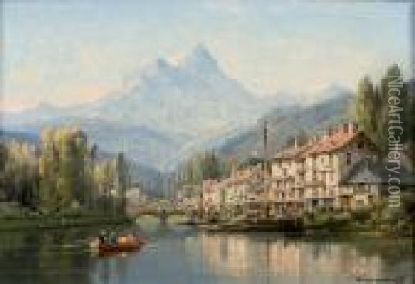 Ville De Montagne Avec Promeneurs Enbarque Oil Painting - Charles Euphrasie Kuwasseg