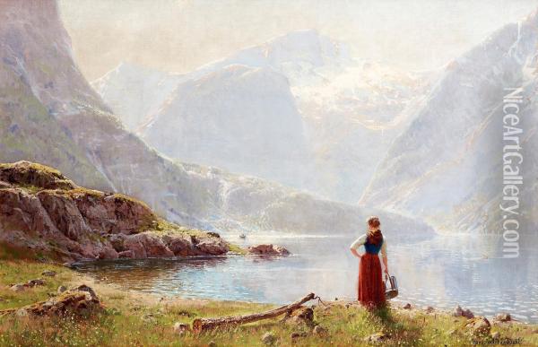 A Young Girl By A Fjord Oil Painting - Hans Dahl