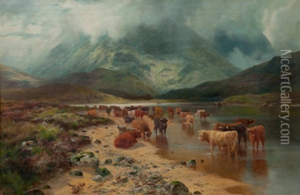 Cattle Watering In A Misty Highland Glen Oil Painting - Louis Bosworth Hurt