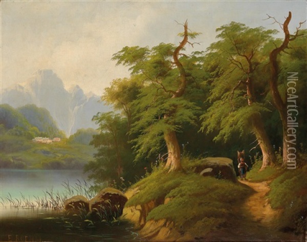 Mountain Lake With Decorative Figures Oil Painting - Eduard Boehm