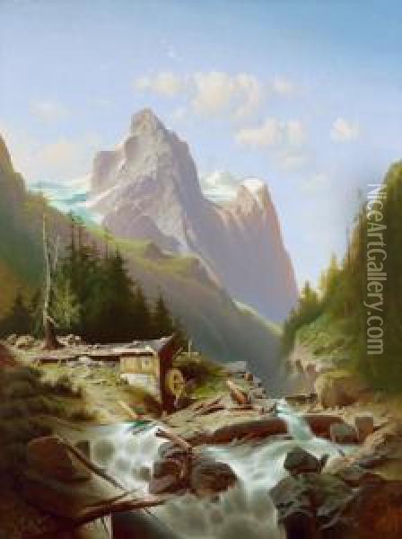 Gebirgslandschaft Mit Reisendem Wildbach Oil Painting - Anton Pick