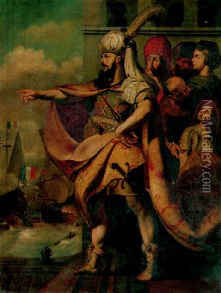 A Turkish Sultan Directing A Naval Battle Oil Painting - Gerard Seghers