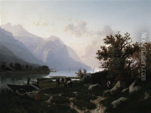 Sommernachmittag An Den Ufern Eines Fjordes Oil Painting - Johannes Bartholomaeus Duntze