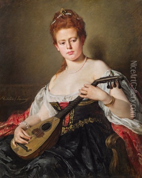 Dame Mit Mandoline Oil Painting - Madeleine Jeanne Lemaire