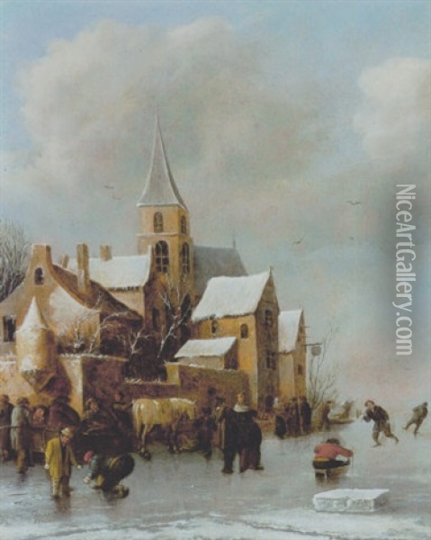 Kirchdorf An Einem Zugefrorenen Kanal Mit Schlittschuhlaufern Oil Painting - Thomas Heeremans