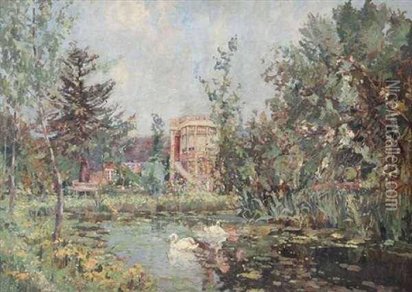 Manoir Au Bord De L'etang Oil Painting - Jules Merckaert