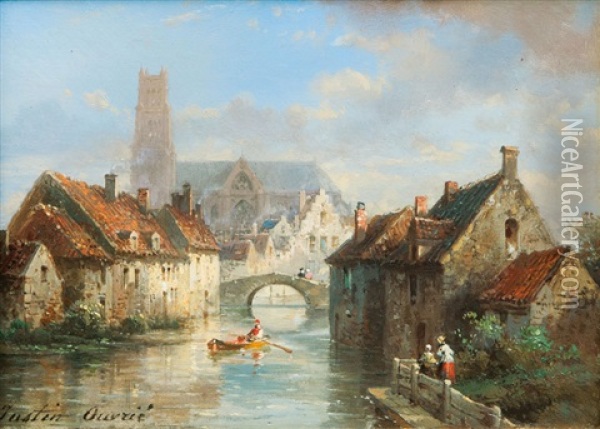 Canal In Bruges Oil Painting - Pierre Justin Ouvrie