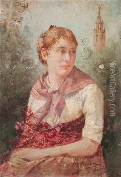 Una Joven Ante La Giralda Y Retrato Masculino (2 Works) Oil Painting - Ramon Alorda Perez