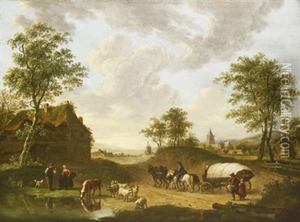 A Road Through A Village With A Horse-drawn Covered Wagon, Figures, Cattle And Sheep By A Pond In The Foreground Oil Painting - Cornelis van Cuylenburg