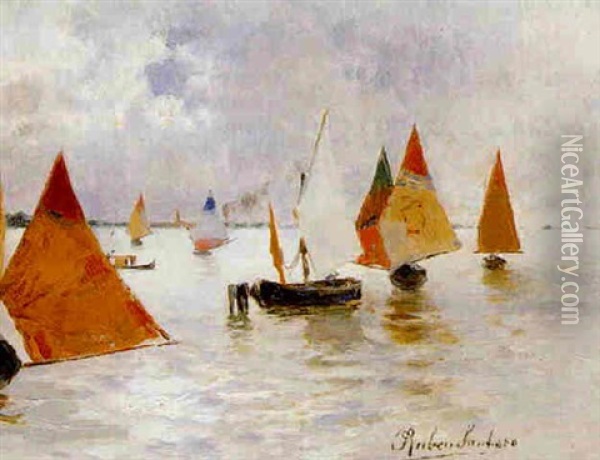 Fishing Boats With Sails Oil Painting - Rubens Santoro