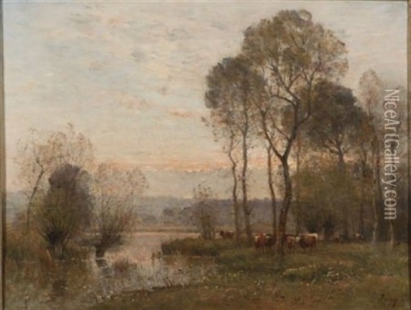 Twilight Landscape With Cattle Grazing Oil Painting - Louis Aime Japy