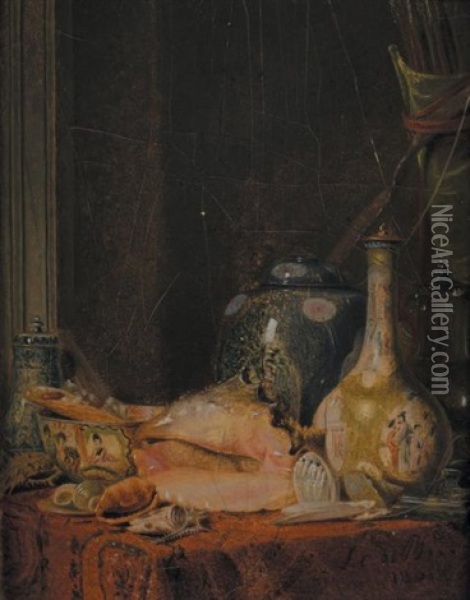 Nature Morte A La Porcelaine Et Au Coquillage Oil Painting - Marie Colin de la Biochaye