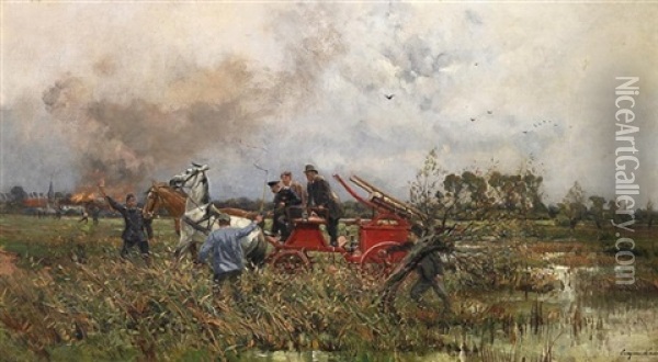 Brand Im Dorfe. Feuerwehrleute Mit Ihrem Loschwagen Auf Den Rheinwiesen Oil Painting - Eugen Kampf