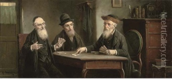 Rabbis Playing Cards Oil Painting - Lajos Koloszvary