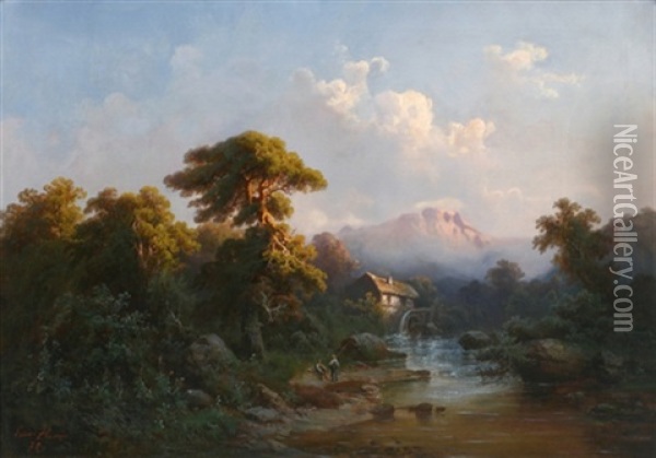 Angler Am Gebirgsbach Vor Wassermuhle Mit Bergmassiv In Der Morgensonne Oil Painting - Guido Hampe