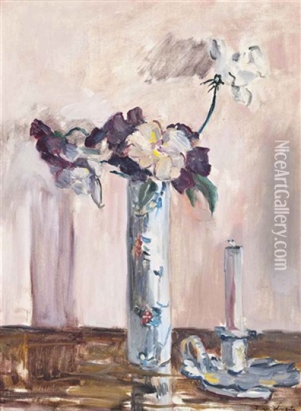 Sweet Peas In A Vase, With A Candlestick Oil Painting - Sir James Lawton Wingate