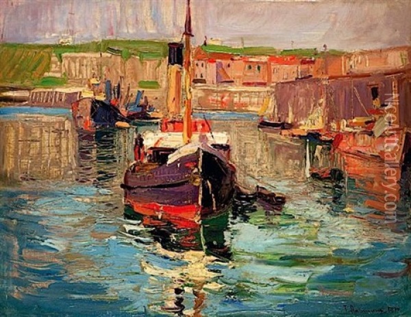 Bateau Au Port Oil Painting - Georgi Alexandrovich Lapchine