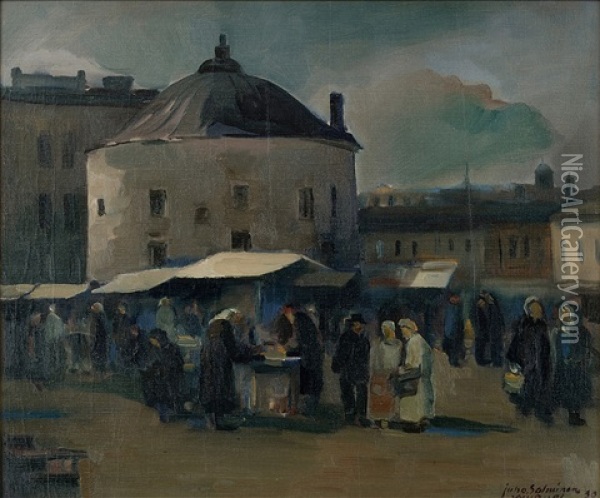 The Marketplace In Vyborg Oil Painting - Juho Salminen