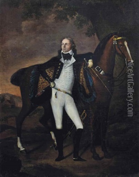 Portrait D'alphonse Arnoux (1769-1853) Tenant Son Cheval Oil Painting - Johann Friedrich Dryander