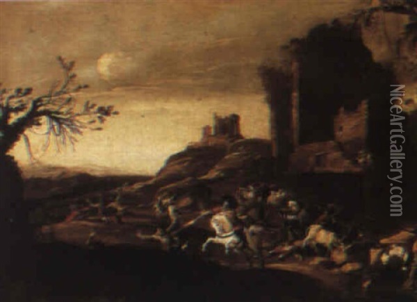 Cavalry Engagement Beside Ruins Oil Painting - Jan van Huchtenburg