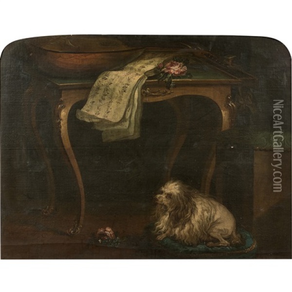 Nature Morte A La Table De Jeu En Cabaret, Au Luth Et Au Chien Oil Painting - Nicolas Henry Jeaurat De Bertry