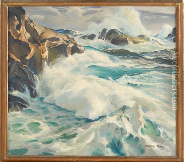 Waves Crashing On A Rocky Coast Oil Painting - Macivor Reddie